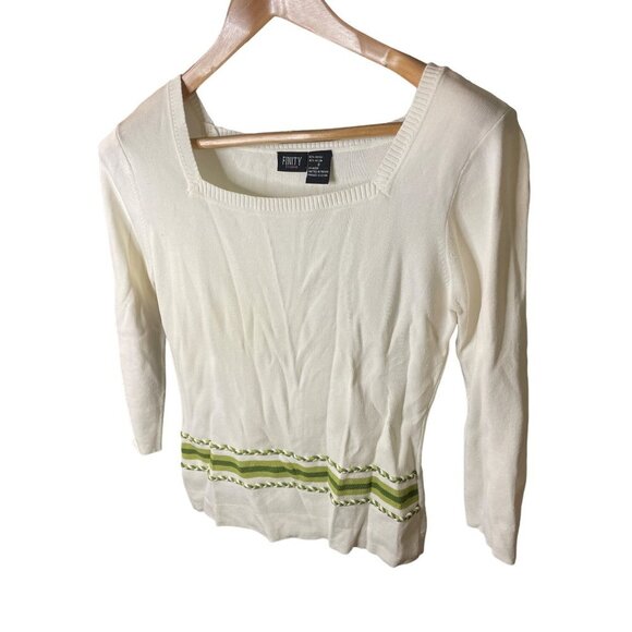 Finity White Green Detail 3/4 Sleeve Pullover Stretch Top Sz S - Picture 3 of 9